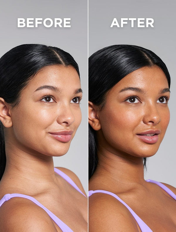Side-by-side comparison of a woman’s face, labeled “Before” and “After.” The “After” image shows a warmer, deeper face tan, highlighting the results of BondiSandsEU Technocolor Magenta Self Tanning Face Serum.