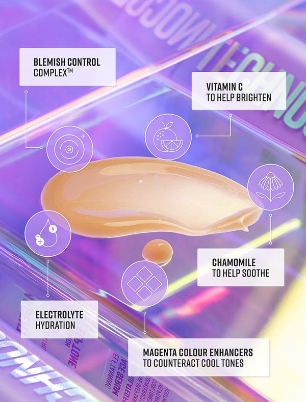A smear of Technocolor Magenta Self Tanning Face Serum by BondiSandsEU sits on a holographic background with icons for Blemish Control Complex, Vitamin C, Chamomile, Electrolyte Hydration, technocolor magenta, and deep face tan.