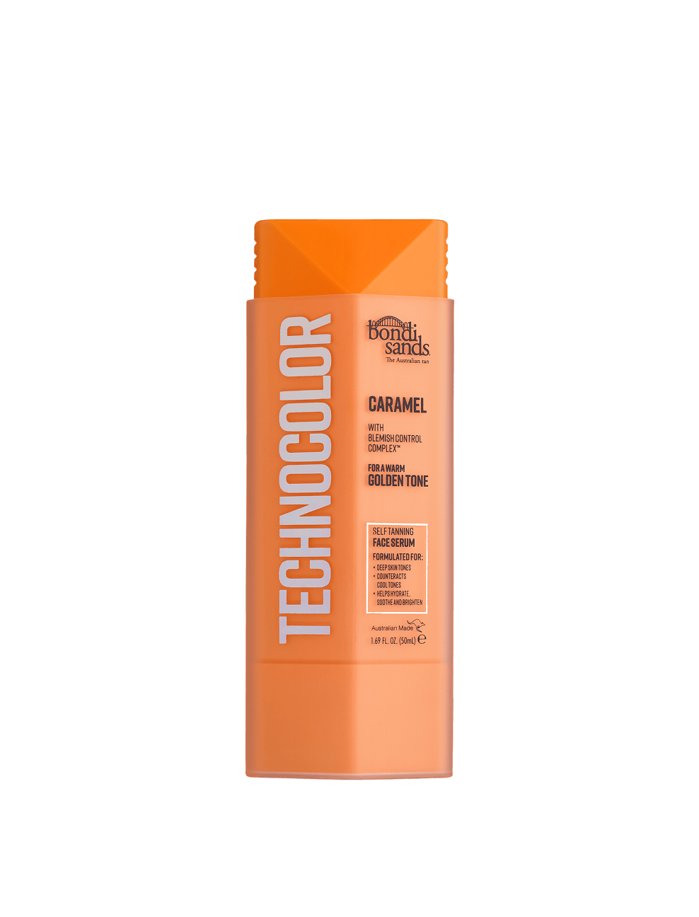 An upright orange bottle of BondiSandsEU Caramel Technocolor Self Tanning Face Serum, featuring bold white TECHNOCOLOR text and product details on the front label for a natural glow.