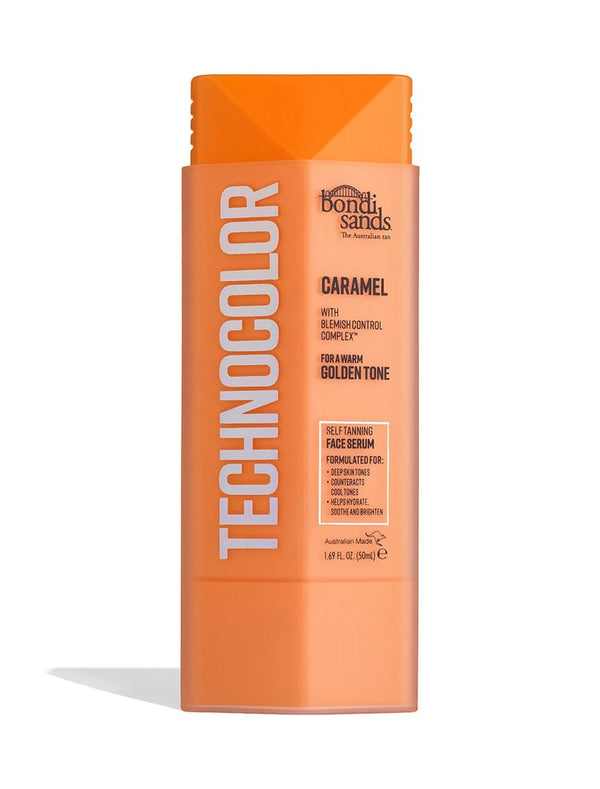 BondiSandsEU Technocolor Caramel Self Tanning Face Serum comes in a 1.69 fl oz (50 ml) orange bottle with bold white text, designed to deliver a natural tan for deep skin tones.