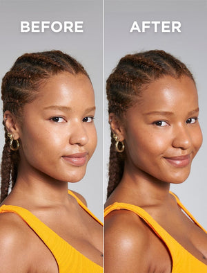 Side-by-side portraits of a woman with braided hair and gold hoops, labeled BEFORE and AFTER. In the AFTER photo, her skin looks smoother, more radiant, and beautifully tanned after using BondiSandsEU Technocolor Caramel Self Tanning Face Serum.