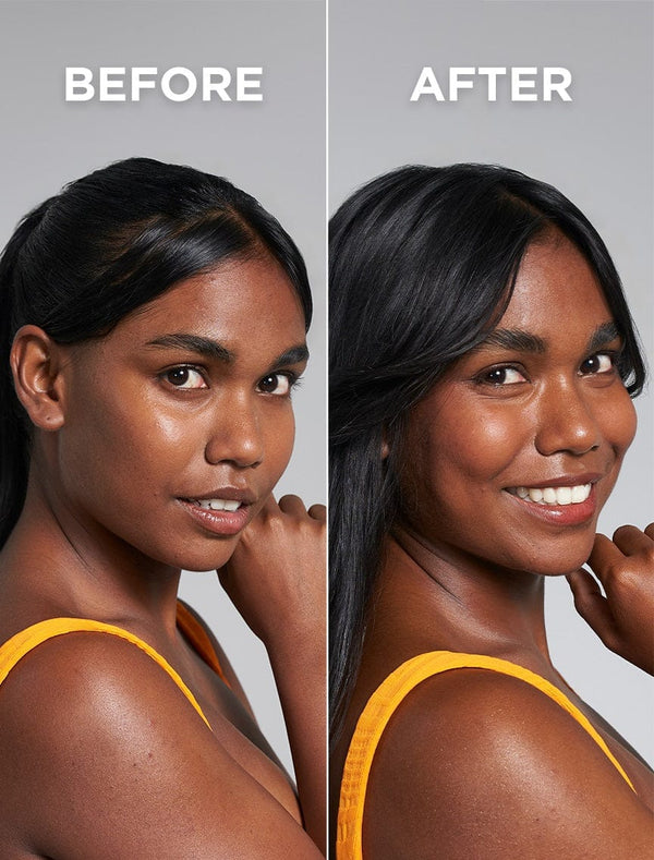 Side-by-side portraits of a woman with dark hair and medium skin in an orange top. BEFORE: neutral expression. AFTER: bright smile, showcasing a natural tan for deep skin tones from BondiSandsEU Technocolor Caramel Self Tanning Face Serum.