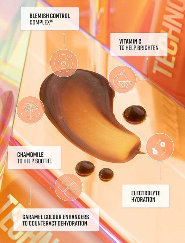 A glossy orange surface with a smear and droplets of brown liquid showcases BondiSandsEU Technocolor Caramel Self Tanning Face Serum, highlighting benefits: blemish control, vitamin C brightness, soothing chamomile, hydration, and a natural tan for deep skin tones.