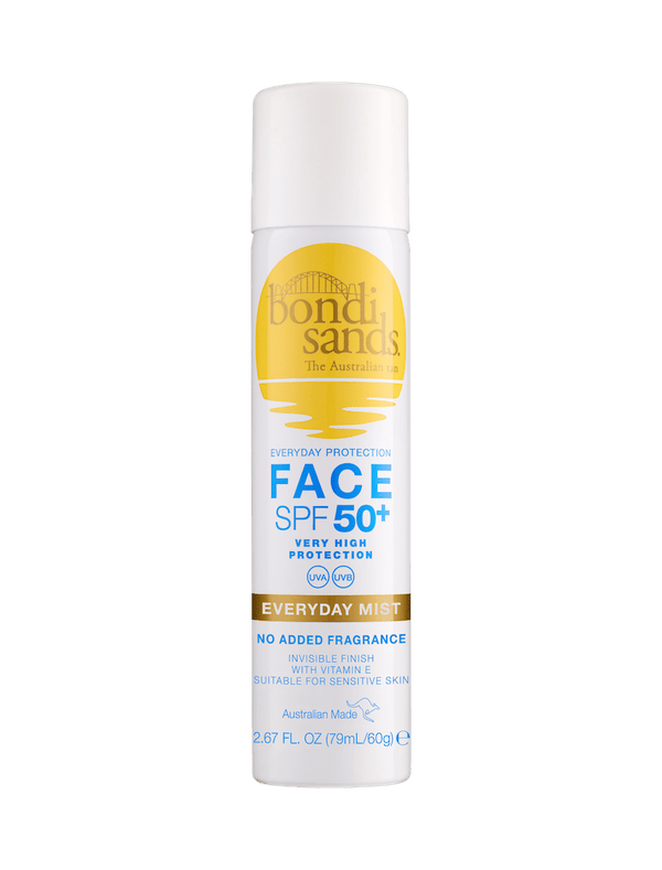 A white spray can of BondiSandsEU SPF 50+ Everyday Sunscreen Face Mist features yellow and blue text, is fragrance-free, hydrating, suitable for sensitive skin, and provides very high UVA & UVB protection.