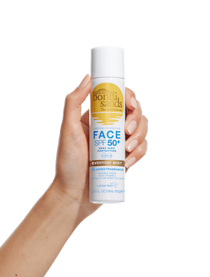 A hand holds a can of BondiSandsEU SPF 50+ Everyday Sunscreen Face Mist with blue and yellow labels, against a white background. The mist provides daily UVA & UVB protection.