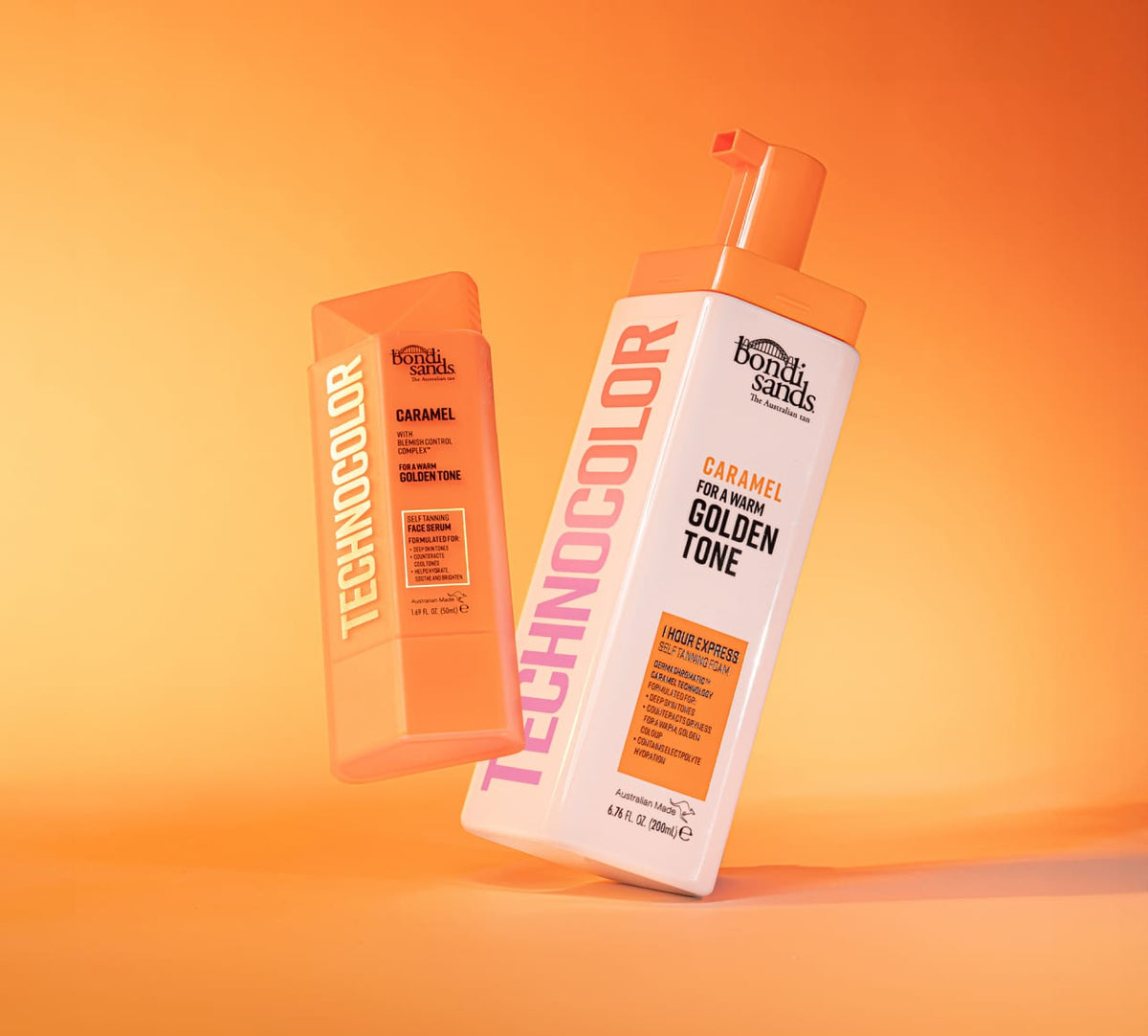 The BondiSandsEU Caramel Technocolor Self Tanning Face Serum is showcased against an orange gradient background—ideal for a natural glow on deep skin tones.