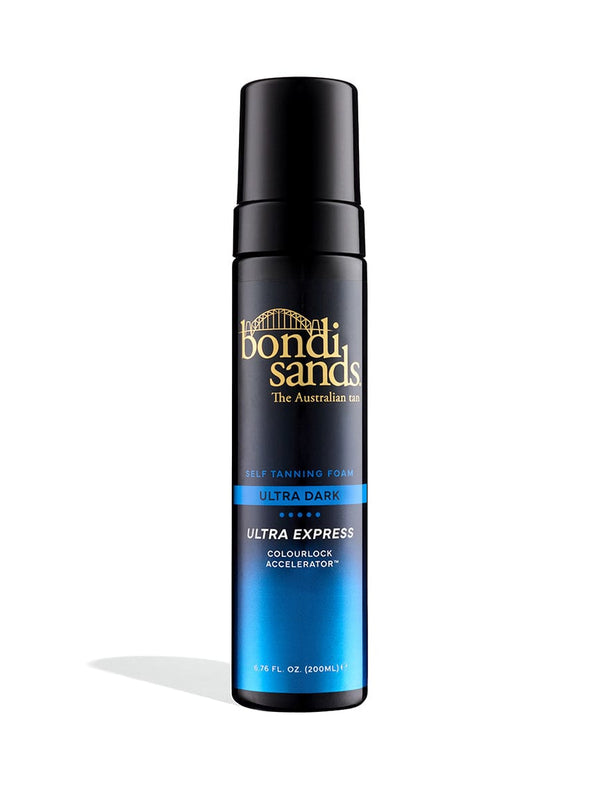 A black bottle of Bondi Sands Europe Ultra Express Self Tanning Foam with blue and gold accents and ColourLock Accelerator stands upright on a white background.
