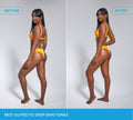 Split-screen image of a woman with deep skin tone in a yellow bikini. Left: Before. Right: After subtle tailored tan using BondiSandsEU Caramel Technocolor 1 Hour Express Self Tanning Foam. Best for deep skin tones—get instant results.