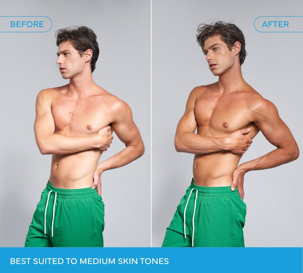 Side-by-side photos show a man with short brown hair in green shorts. Left: lighter skin, labeled Before; right: deeper tan After using BondiSandsEU Emerald Technocolor 1 Hour Express Self Tanning Foam. Text: Best suited to medium skin tones.