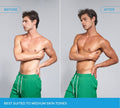 Side-by-side photos show a man with short brown hair in green shorts. Left: lighter skin, labeled Before; right: deeper tan After using BondiSandsEU Emerald Technocolor 1 Hour Express Self Tanning Foam. Text: Best suited to medium skin tones.