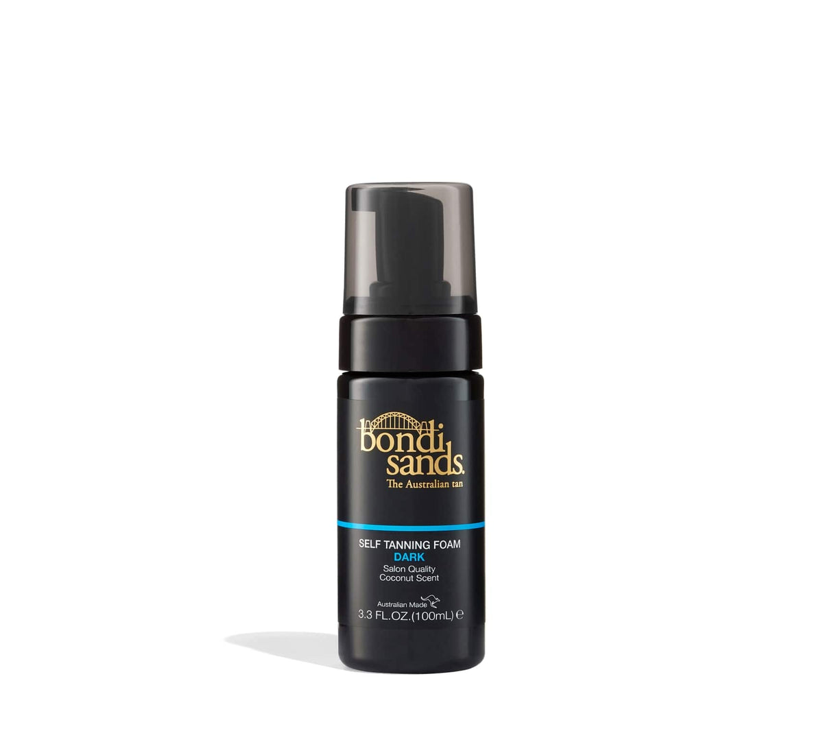 A black BondiSandsEU Starter Bundle bottle with a pump dispenser and clear cap, featuring gold and blue label text. The bottle casts a subtle shadow on a white background. Perfect for teaming with gradual tanning milk.