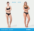 Side-by-side comparison of a woman in black underwear before and after using Bondi Sands Liquid Gold Aero Self Tanning Mousse, showing a transition from fair to a golden tan.