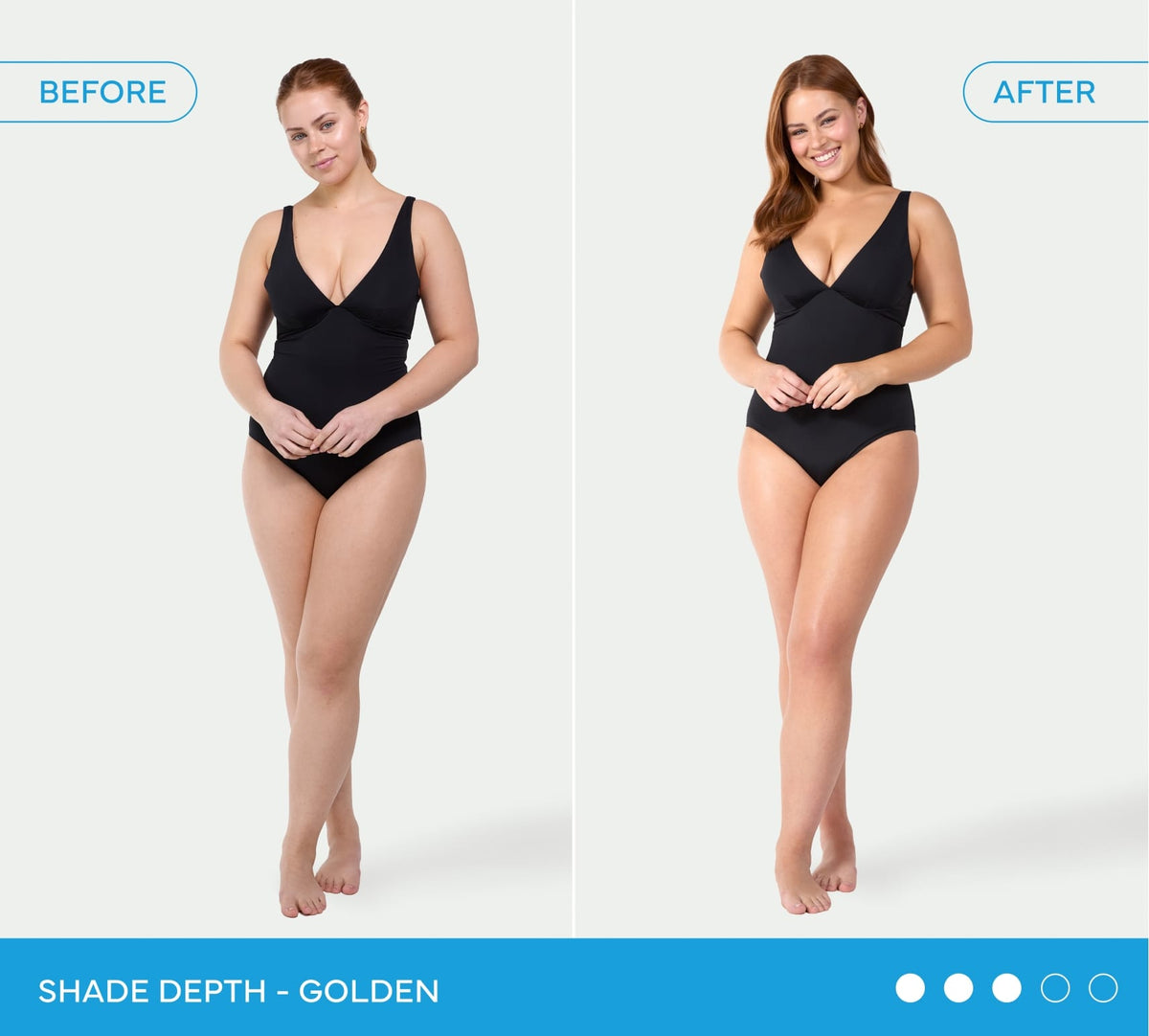 A woman wears a black swimsuit in Before and After photos. The After photo shows a deeper golden tan from using BondiSandsEU Liquid Gold Aero Self Tanning Mousse Bundle, with text below reading Shade Depth - Golden and a selection indicator.