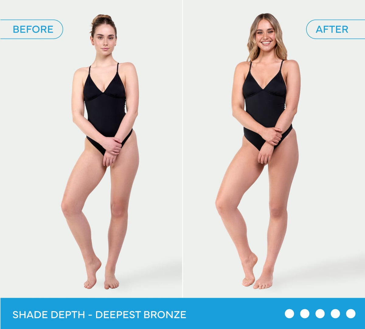Before and after photos of a woman in a black swimsuit show her skin going from lighter to deep bronze, same day, using Bondi Sands Europe Ultra Express Self Tanning Foam & Application Mitt Bundle. Text: Shade Depth - Deepest Bronze. Blue icons indicate shade options.