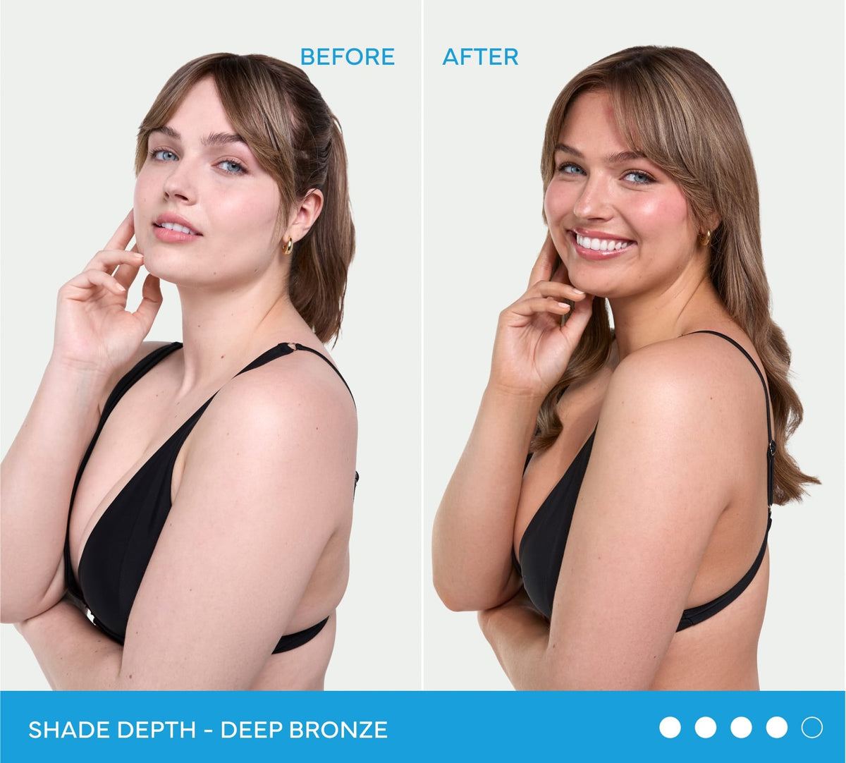 Side-by-side comparison of a woman showing her skin tone before and after using BondiSandsEU Dark Self Tanning Face Drops for a bronzed complexion, labeled Shade Depth - Deep Bronze.