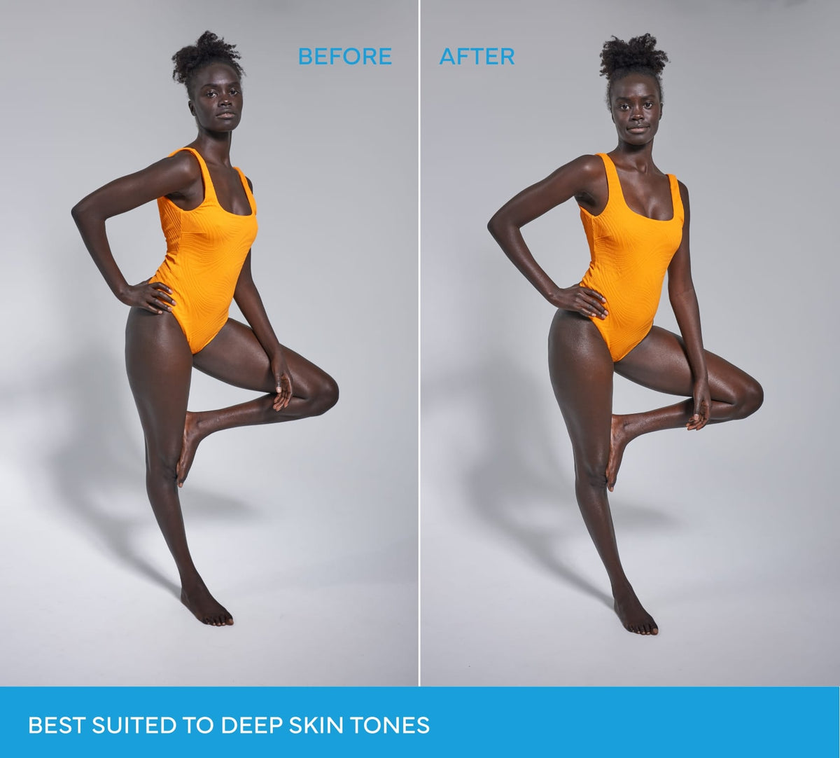 A woman with deep skin tone poses in a bright orange swimsuit. The Before & After shows results from Caramel Technocolor 1 Hour Express Self Tanning Foam by BondiSandsEU. Text: BEST SUITED TO DEEP SKIN TONES.