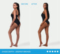 Side-by-side comparison of a woman in a black swimsuit, labeled Before and After, showing her skin tone before and after using BondiSandsEU Ultra Dark Aero Self Tanning Mousse, with a shade depth of deepest bronze.