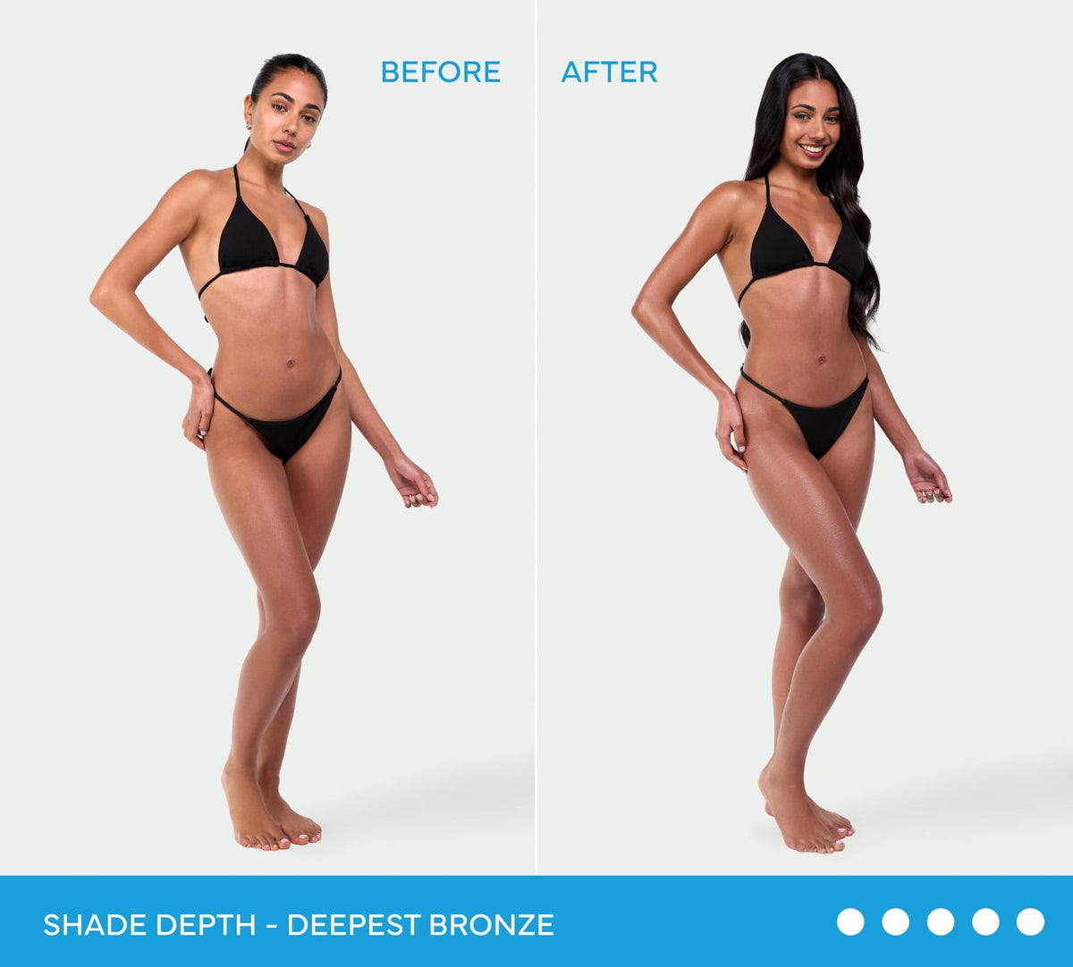Split image of a woman in a black bikini, before and after using Bondi Sands Europe Ultra Express Self Tanning Foam. Text: SHADE DEPTH - DEEPEST BRONZE. Four blue circles highlight the express tan shade range.