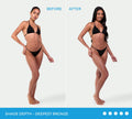 Split image of a woman in a black bikini, before and after using Bondi Sands Europe Ultra Express Self Tanning Foam. Text: SHADE DEPTH - DEEPEST BRONZE. Four blue circles highlight the express tan shade range.