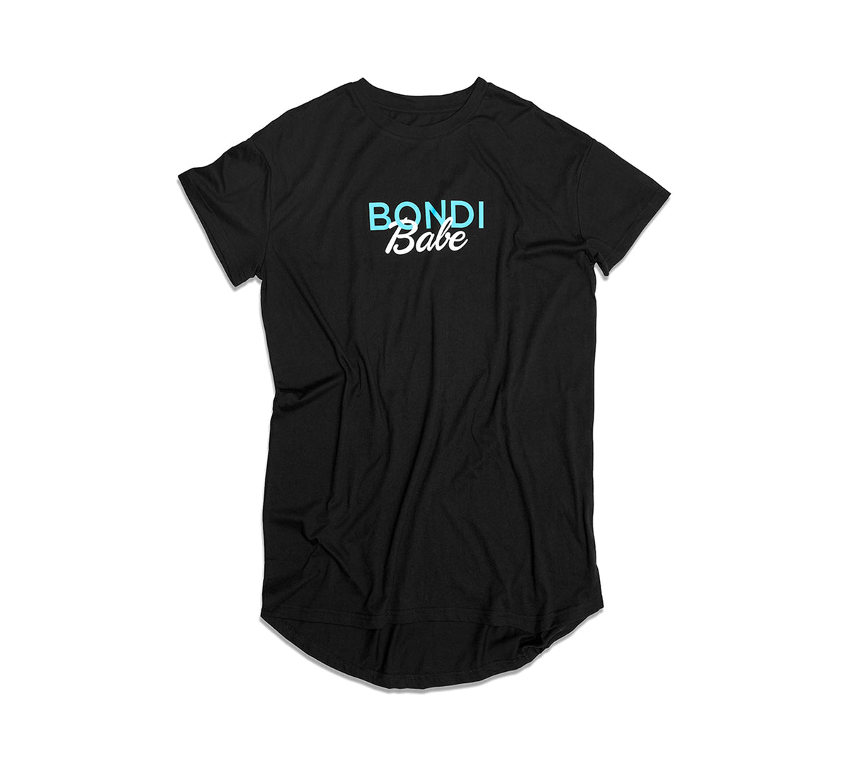 The BondiSandsEU Bondi Babe Self Tanning Tee is a comfy black t-shirt with "BONDI Babe" in blue and white across the chest, ideal for sleeping or self-tanning. Photographed laid flat on a white background with natural wrinkles.