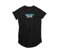 The BondiSandsEU Bondi Babe Self Tanning Tee is a comfy black t-shirt with "BONDI Babe" in blue and white across the chest, ideal for sleeping or self-tanning. Photographed laid flat on a white background with natural wrinkles.