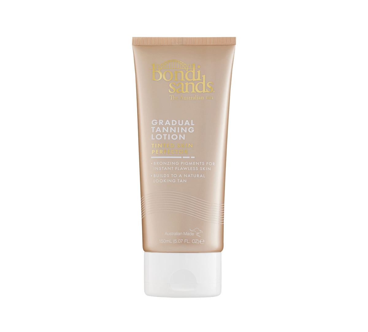 The BondiSandsEU Gradual Tanning Essentials Bundle features a 150ml (5.07 fl oz) tube of tanning lotion in beige packaging with gold and white text, perfect for glowing skin and gradual self-tanning.
