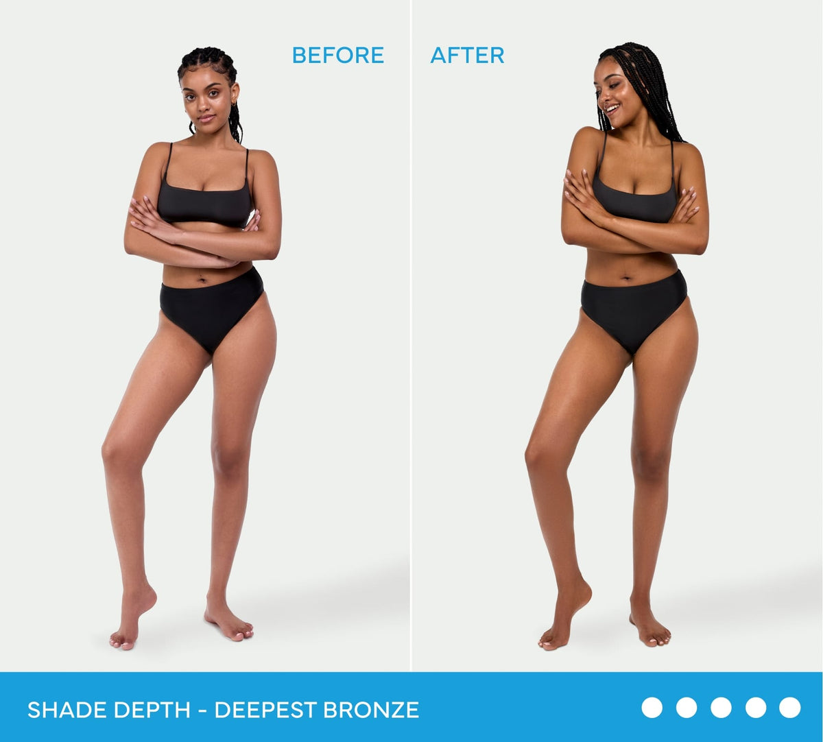 Before and after comparison of a woman showing a deep bronze skin tone after using BondiSandsEU Ultra Dark Self Tanning Foam.