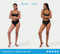 Before and after comparison of a woman showing a deep bronze skin tone after using BondiSandsEU Ultra Dark Self Tanning Foam.