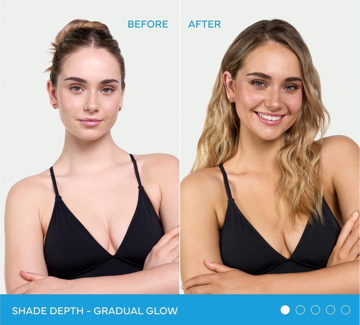 Before and after comparison of a woman’s skin tone after using BondiSandsEU Gradual Self Tanning Face Lotion.