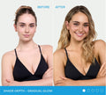 Before and after comparison of a woman’s skin tone after using BondiSandsEU Gradual Self Tanning Face Lotion.