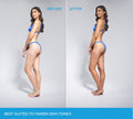 A side-by-side comparison of a woman in a blue bikini before and after using Sapphire Technocolor 1 Hour Express Self Tanning Foam, showing a transformation to a deeper natural glow with text reading Best suited to fairer skin tones.
