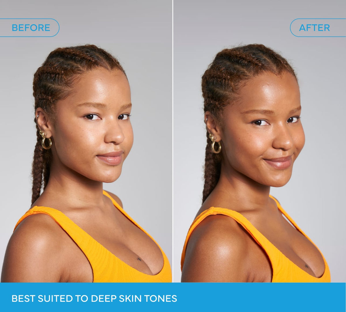 Side-by-side photos of a woman with braided hair in a bright orange top, labeled Before and After, show a subtle glow. Text: Best for deep skin tones—get radiant results with BondiSandsEU Caramel Technocolor Self Tanning Face Serum.
