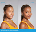 Side-by-side photos of a woman with braided hair in a bright orange top, labeled Before and After, show a subtle glow. Text: Best for deep skin tones—get radiant results with BondiSandsEU Caramel Technocolor Self Tanning Face Serum.