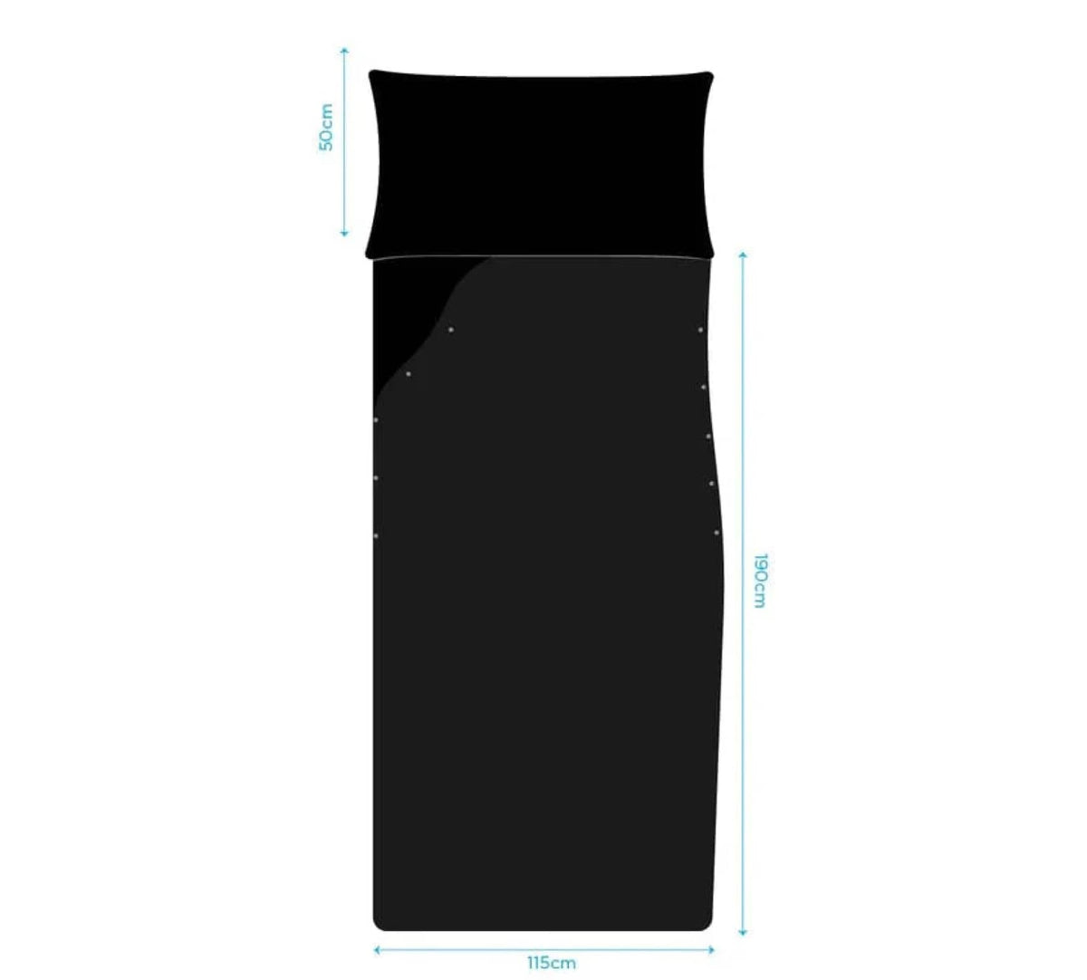 Top-down view of the BondiSandsEU Self Tanning Sheet Protector in black, featuring a 50 cm pillow section. Measures 190 cm x 115 cm. Light blue arrows show dimensions—perfect for protecting sheets during your tanning routine.