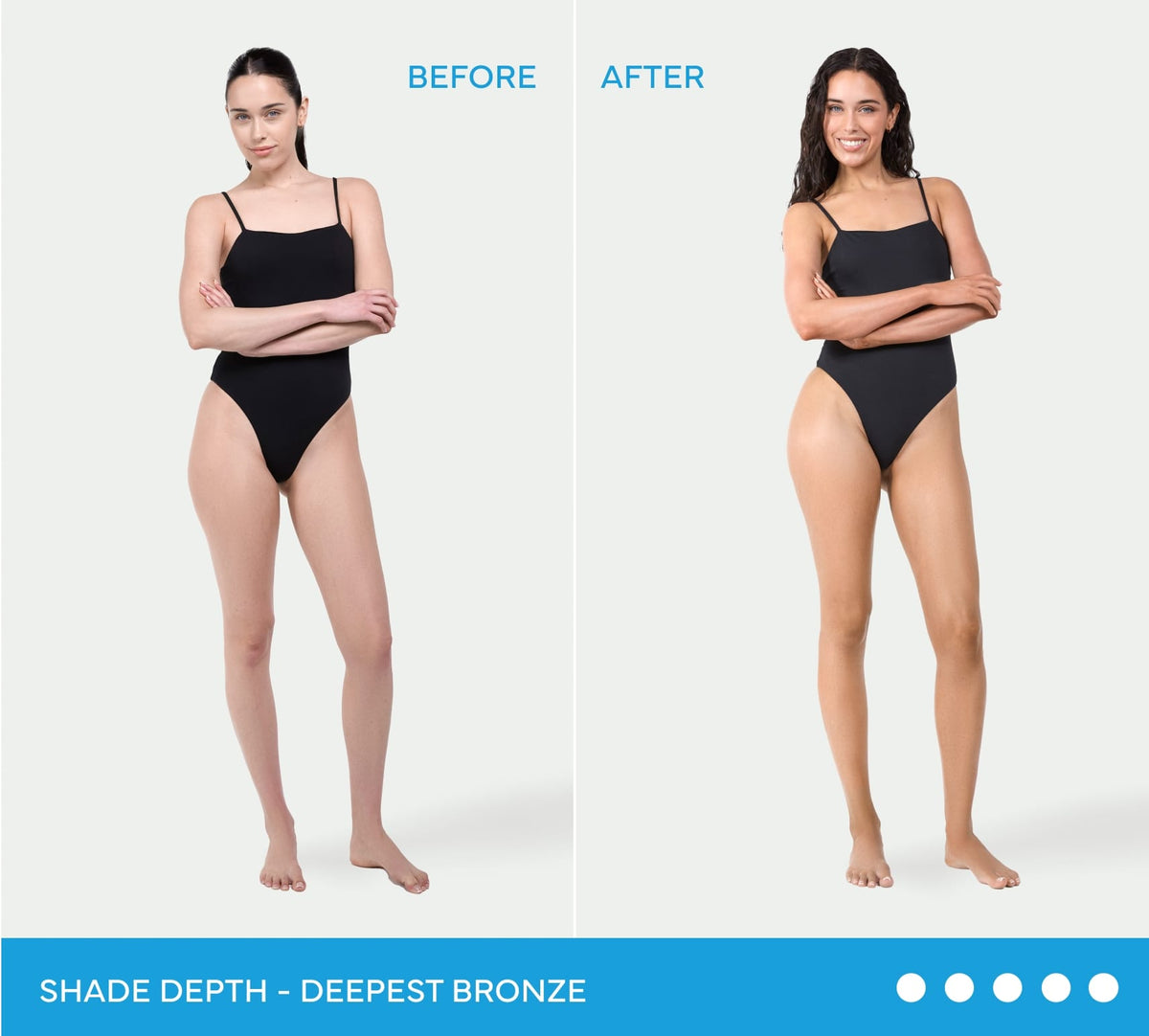 Side-by-side comparison of a woman’s skin tone before and after using BondiSandsEU Express Aero Self Tanning Mousse, with the text Shade depth - deepest bronze at the bottom.