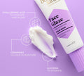 A tube of BondiSandsEU Face Glaze Cream Mask, with hydrating hyaluronic acid, ceramides, and glycerin, sits on a purple surface. Cream is smeared nearby with text highlighting its moisturizing benefits.