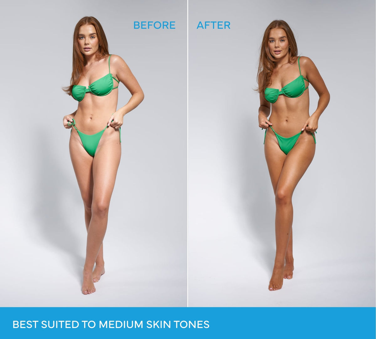 Before and after comparison of a person in a green bikini showing tanned skin from Emerald Technocolor 1 Hour Express Self Tanning Foam, with text reading Best suited to medium skin tones.