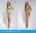 Before and after comparison of a person in a green bikini showing tanned skin from Emerald Technocolor 1 Hour Express Self Tanning Foam, with text reading Best suited to medium skin tones.