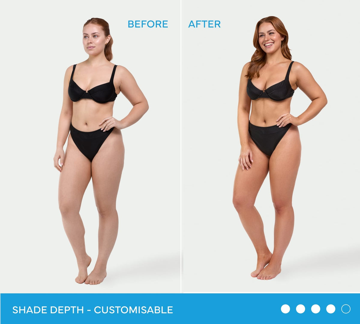 Side-by-side comparison of a woman in black lingerie, showing her natural skin tone labeled Before and a darker glow after using BondiSandsEU Express Self Tanning Foam labeled After.