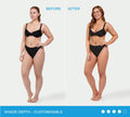 Side-by-side comparison of a woman in black lingerie, showing her natural skin tone labeled Before and a darker glow after using BondiSandsEU Express Self Tanning Foam labeled After.