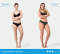 Side-by-side images show a woman in black underwear, arms crossed: left with lighter skin before, right displaying a golden tan after using BondiSandsEU Liquid Gold Aero Self Tanning Mousse. Text: “Shade Depth - Golden.”.