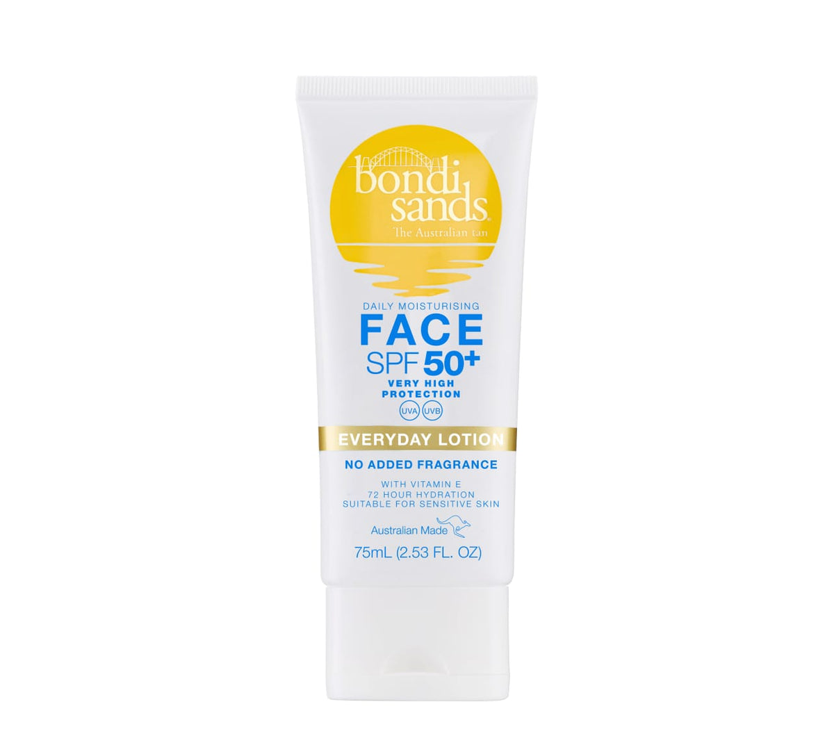 A white 75ml tube of Bondi Sands Europe Daily Moisturising Face SPF 50+ sunscreen with a yellow sun logo and blue text, suitable for sensitive skin and fragrance-free—ideal for the SPF Besties Bundle.