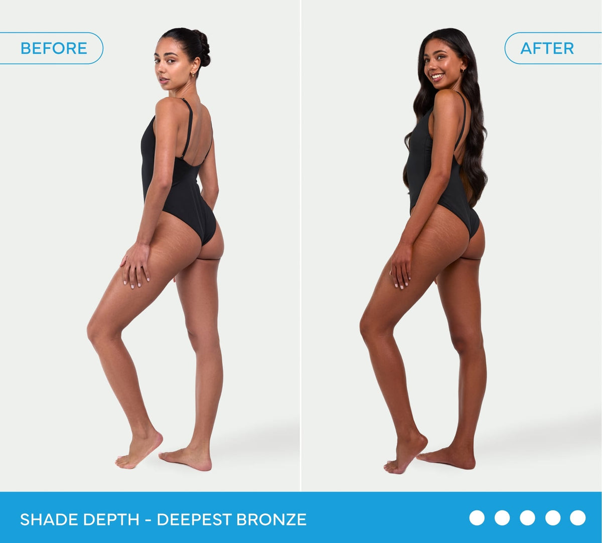 A woman in a black swimsuit poses side view for before and after photos, showing a deep bronze tan from BondiSandsEU Express Aero Self Tanning Mousse. Text reads "Shade Depth - Deepest Bronze" with blue indicators below.