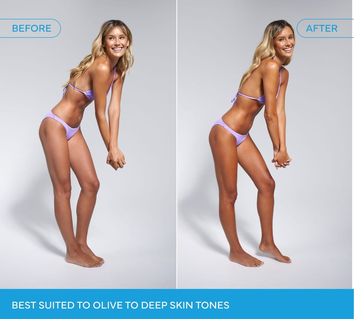 Side-by-side photos of a woman in a lavender bikini, labeled Before and After. In the After photo, her skin is darker and bronzed after using BondiSandsEU Magenta Technocolor 1 Hour Express Self Tanning Foam, ideal for olive to deep skin tones.