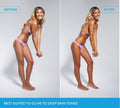 Side-by-side photos of a woman in a lavender bikini, labeled Before and After. In the After photo, her skin is darker and bronzed after using BondiSandsEU Magenta Technocolor 1 Hour Express Self Tanning Foam, ideal for olive to deep skin tones.
