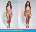 Before and after comparison of a woman in a purple bikini showing the results of Magenta Technocolor 1 Hour Express Self Tanning Foam, with text stating the product is best suited to olive to deep skin tones for tailored tanning.