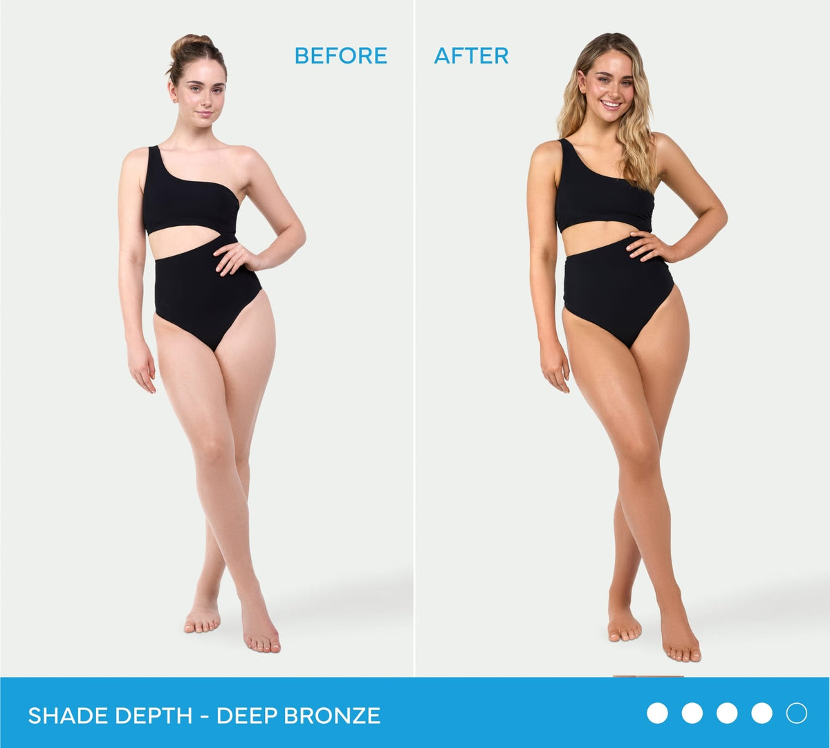 Two women in identical black swimsuits and tights stand side by side. The right, after using BondiSandsEU Dark Self Tanning Foam, reveals a deeper bronze shade. Text below reads Shade Depth - Deep Bronze.