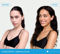 Side-by-side photos show a woman before and after using BondiSandsEU Gradual Self Tanning Face Lotion; the after image reveals a warmer glow, wavy hair, and a brighter smile.