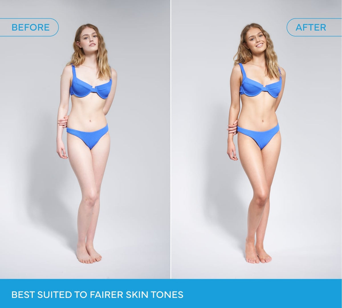 Side-by-side comparison of a woman in a blue bikini labeled Before and After, showing results with BondiSandsEU Sapphire Technocolor 1 Hour Express Self Tanning Foam. Text: Best for fairer skin tones for a natural glow.