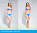 Side-by-side comparison of a woman in a blue bikini labeled Before and After, showing results with BondiSandsEU Sapphire Technocolor 1 Hour Express Self Tanning Foam. Text: Best for fairer skin tones for a natural glow.